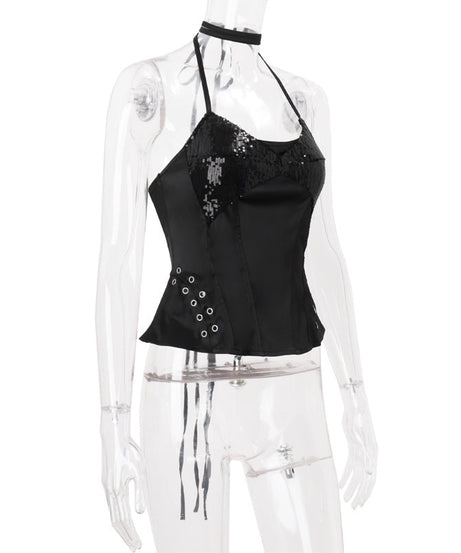 Chic Black Sequin Halter Top – Edgy Lace-Up Detail for Holiday Parties & NYE