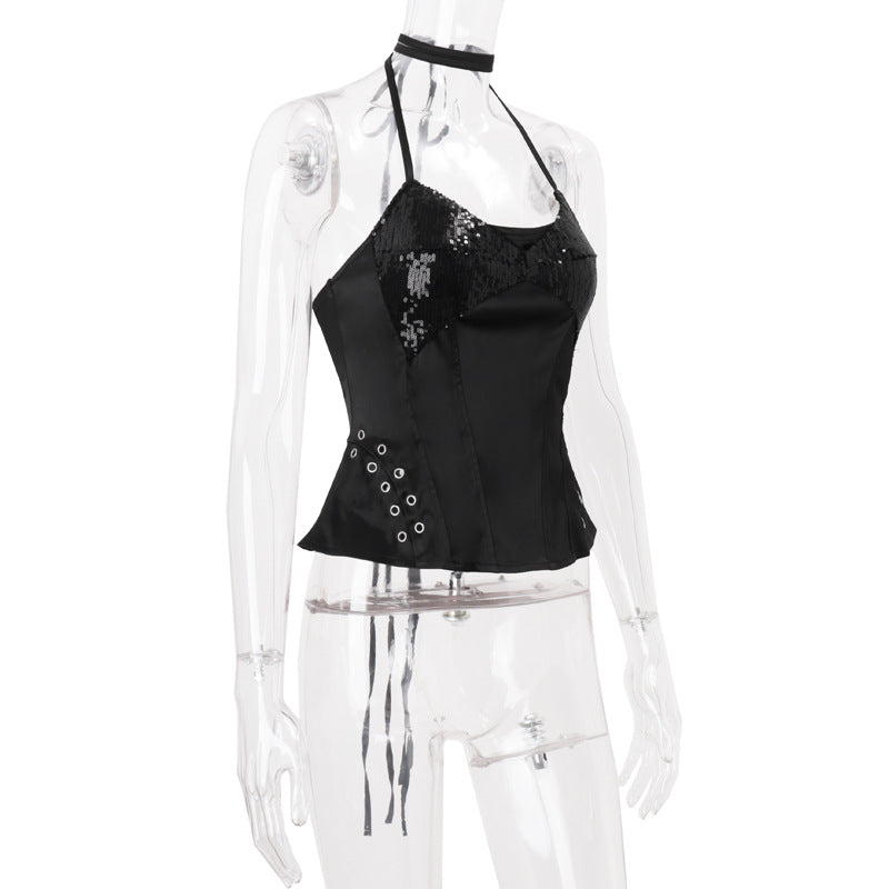 Chic Black Sequin Halter Top – Edgy Lace-Up Detail for Holiday Parties & NYE