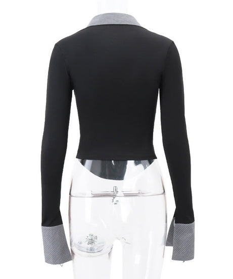 Effortless Chic Contrast Stripe Long Sleeve Polo Top - Your Fall & Holiday Go-To