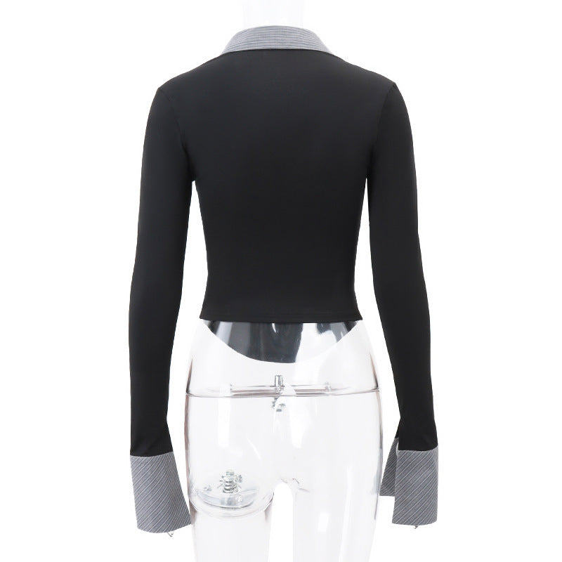 Effortless Chic Contrast Stripe Long Sleeve Polo Top - Your Fall & Holiday Go-To