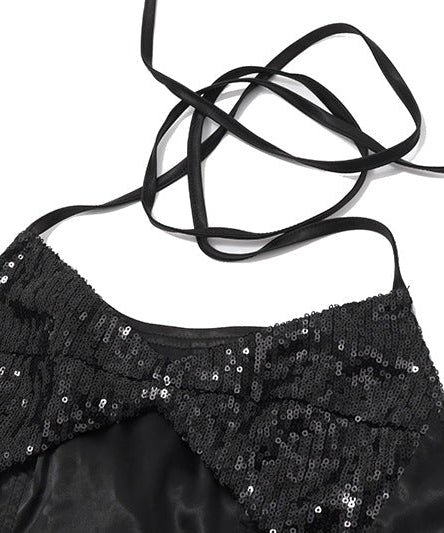 Chic Black Sequin Halter Top – Edgy Lace-Up Detail for Holiday Parties & NYE