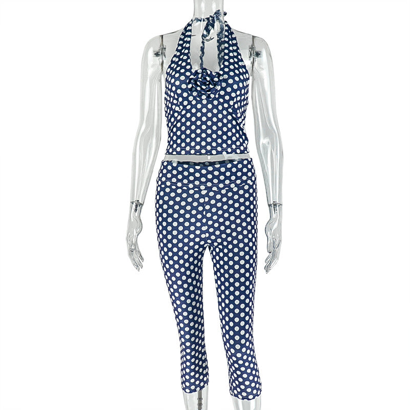 Retro-Chic Polka Dot Halter Top & Capri Set – Your Essential Winter Getaway & Resort Wear