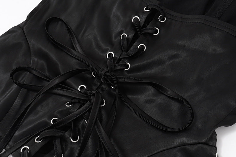 Chic Black Sequin Halter Top – Edgy Lace-Up Detail for Holiday Parties & NYE