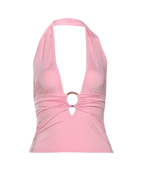 Sultry Pink O-Ring Halter Top | Deep V & Backless for Holiday Parties & NYE