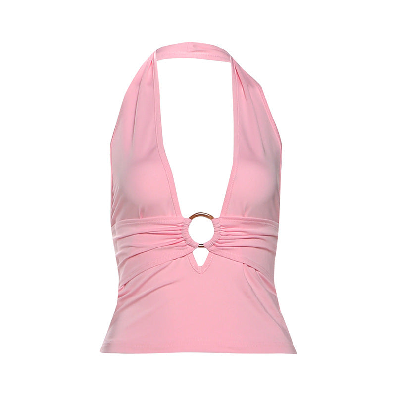 Sultry Pink O-Ring Halter Top | Deep V & Backless for Holiday Parties & NYE