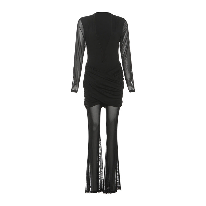 Sleek Black Mesh & Ruched Jumpsuit - Holiday Party Ready & New Year's Eve Glam