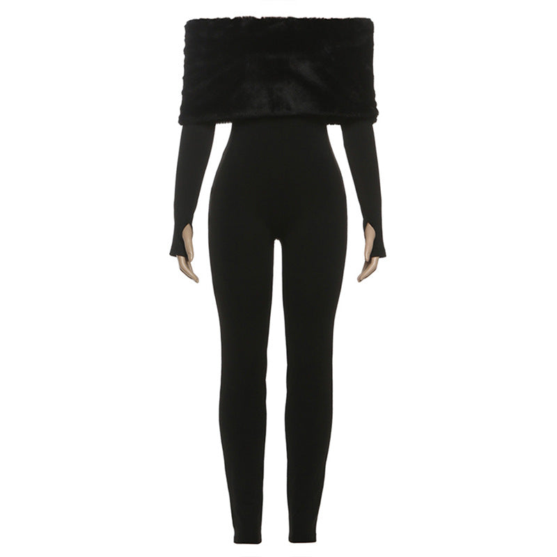 Glamorous Black Faux Fur Off-Shoulder Jumpsuit with Chic Sleeve Slits - Your Ultimate Holiday Party Look