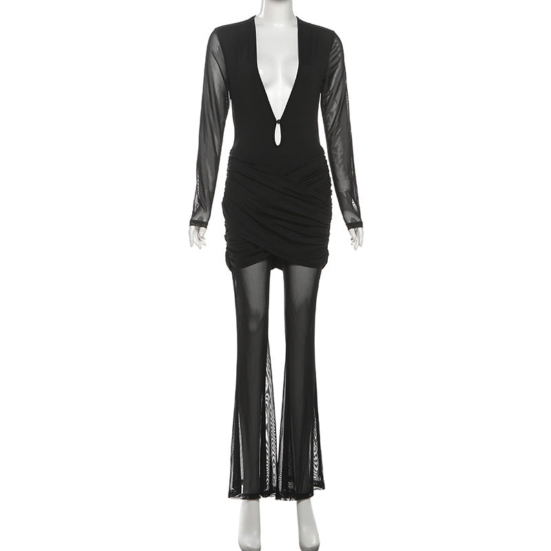Sleek Black Mesh & Ruched Jumpsuit - Holiday Party Ready & New Year's Eve Glam