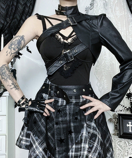 Edgy Goth Faux Leather Asymmetrical Buckle Shrug Top - Fall & Winter Statement Style