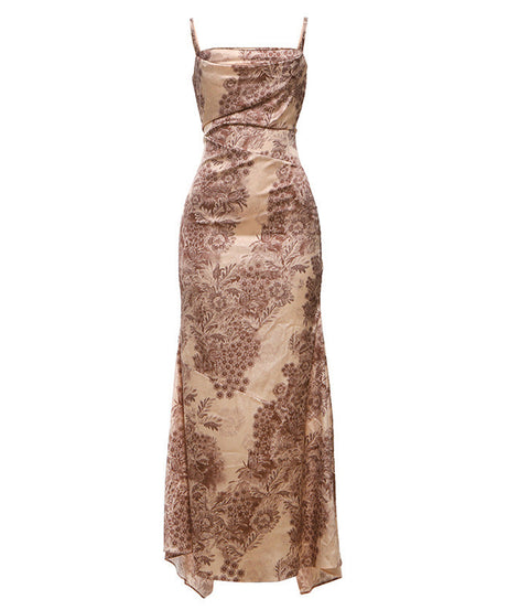 Elegant Autumn Bloom Maxi Dress | Square Neck Backless Cami Gown for Holiday & Fall Events