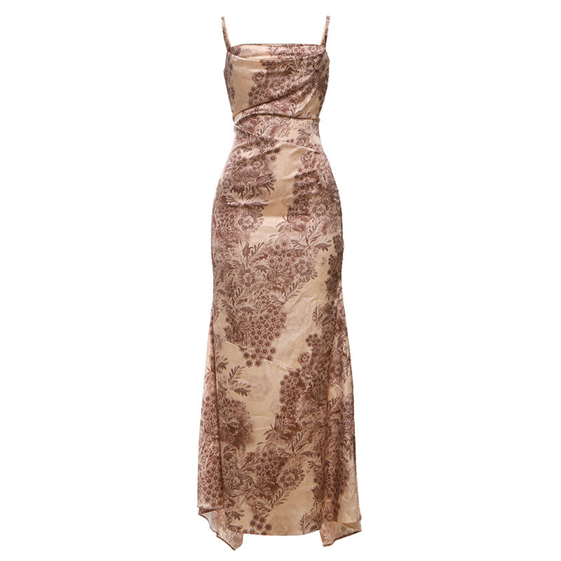 Elegant Autumn Bloom Maxi Dress | Square Neck Backless Cami Gown for Holiday & Fall Events