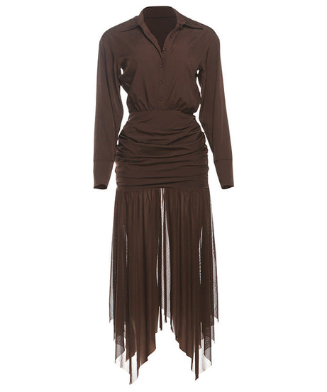 Sophisticated Brown Ruched Maxi Dress: Long Sleeve & Asymmetric Mesh Hem – Perfect for Fall & Holiday Celebrations