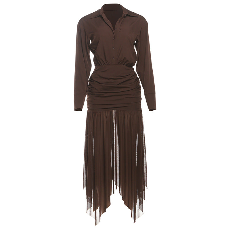 Sophisticated Brown Ruched Maxi Dress: Long Sleeve & Asymmetric Mesh Hem – Perfect for Fall & Holiday Celebrations