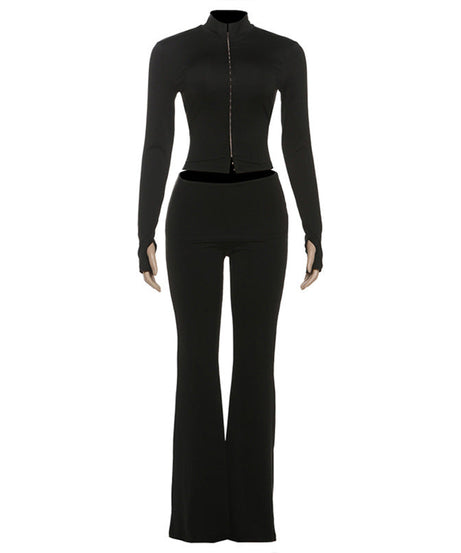 Women's Cozy Chic Black Athleisure Set: Zip-Up Mock Neck Crop Top & Flared Pants