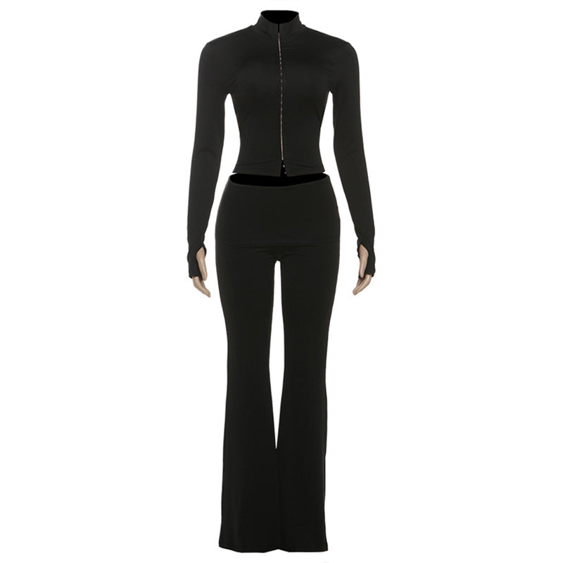 Women's Cozy Chic Black Athleisure Set: Zip-Up Mock Neck Crop Top & Flared Pants