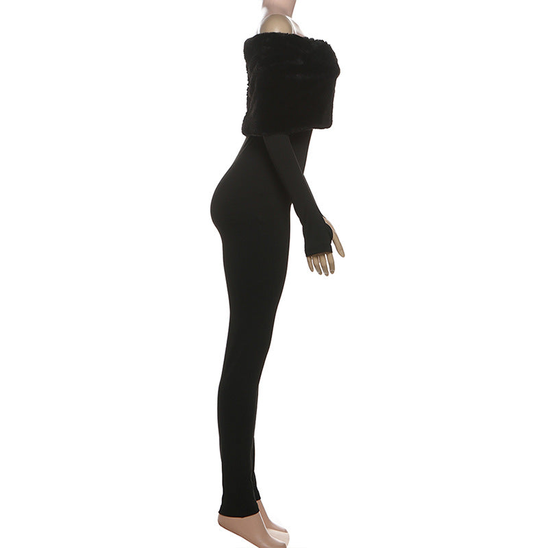 Glamorous Black Faux Fur Off-Shoulder Jumpsuit with Chic Sleeve Slits - Your Ultimate Holiday Party Look