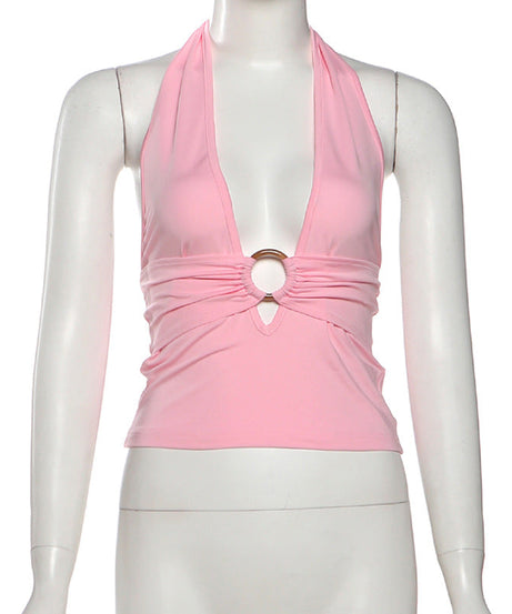 Sultry Pink O-Ring Halter Top | Deep V & Backless for Holiday Parties & NYE