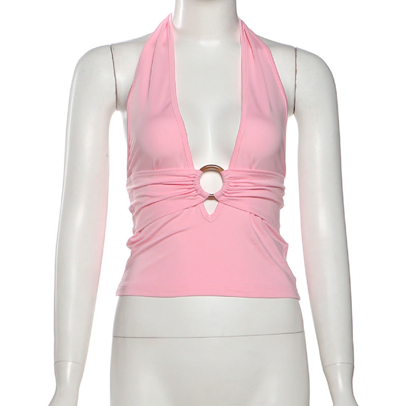 Sultry Pink O-Ring Halter Top | Deep V & Backless for Holiday Parties & NYE