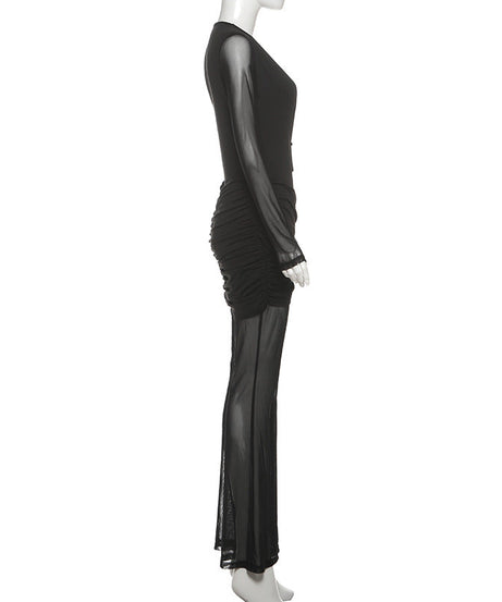 Sleek Black Mesh & Ruched Jumpsuit - Holiday Party Ready & New Year's Eve Glam