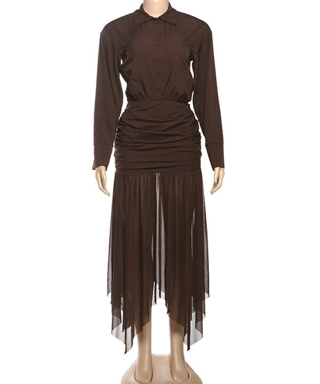 Sophisticated Brown Ruched Maxi Dress: Long Sleeve & Asymmetric Mesh Hem – Perfect for Fall & Holiday Celebrations