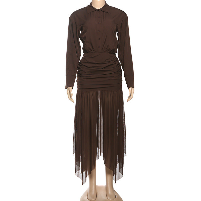 Sophisticated Brown Ruched Maxi Dress: Long Sleeve & Asymmetric Mesh Hem – Perfect for Fall & Holiday Celebrations