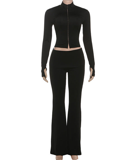 Women's Cozy Chic Black Athleisure Set: Zip-Up Mock Neck Crop Top & Flared Pants