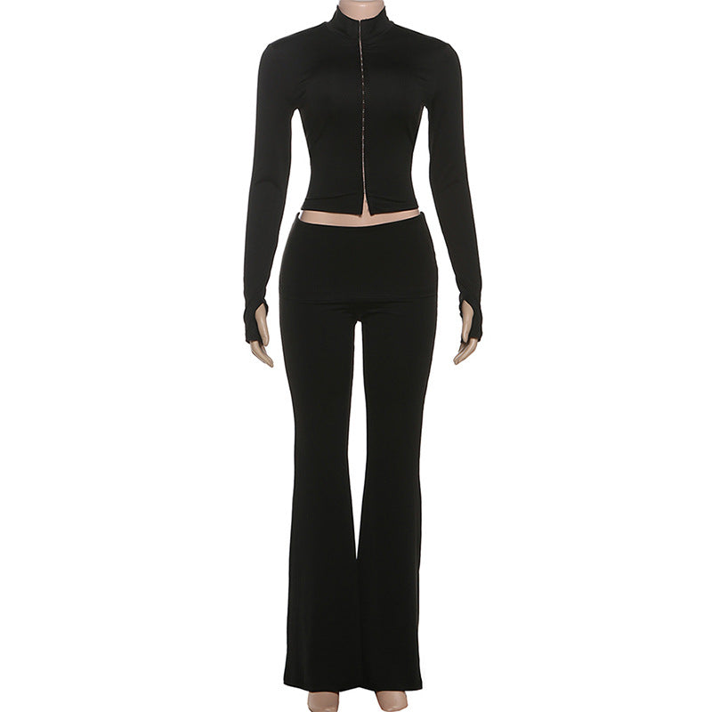 Women's Cozy Chic Black Athleisure Set: Zip-Up Mock Neck Crop Top & Flared Pants