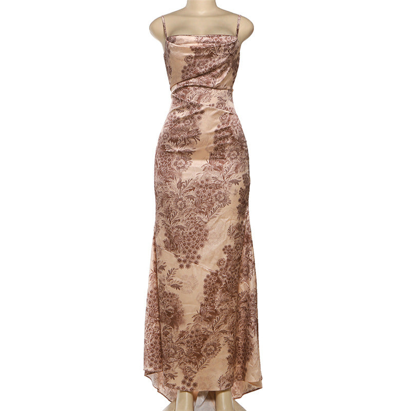 Elegant Autumn Bloom Maxi Dress | Square Neck Backless Cami Gown for Holiday & Fall Events