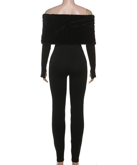 Glamorous Black Faux Fur Off-Shoulder Jumpsuit with Chic Sleeve Slits - Your Ultimate Holiday Party Look