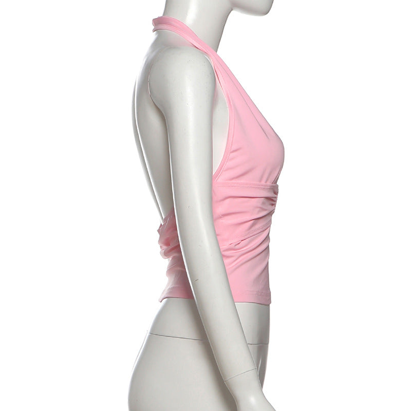 Sultry Pink O-Ring Halter Top | Deep V & Backless for Holiday Parties & NYE