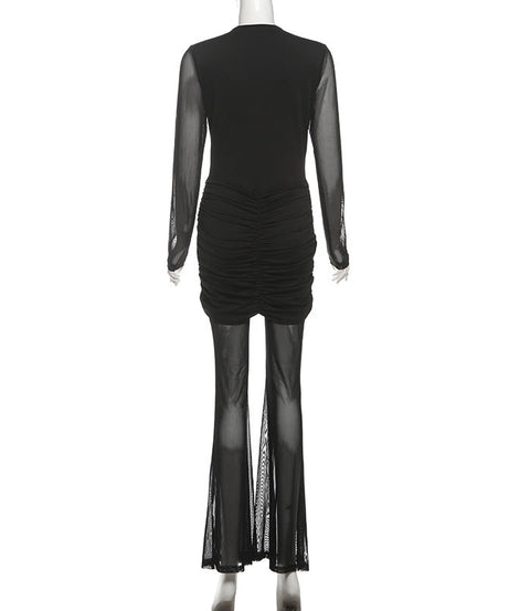 Sleek Black Mesh & Ruched Jumpsuit - Holiday Party Ready & New Year's Eve Glam