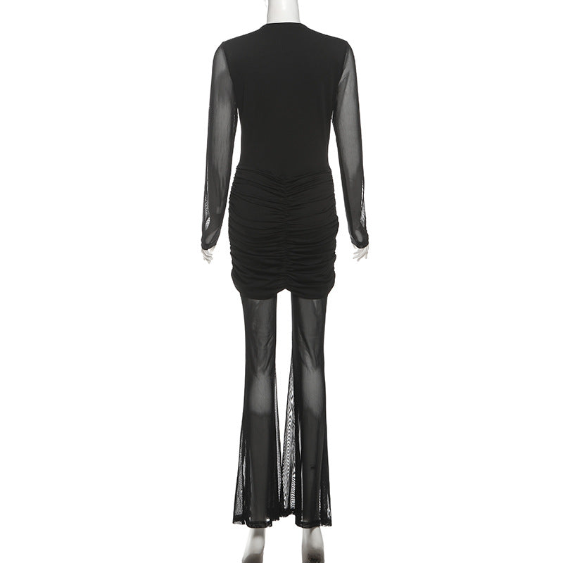 Sleek Black Mesh & Ruched Jumpsuit - Holiday Party Ready & New Year's Eve Glam