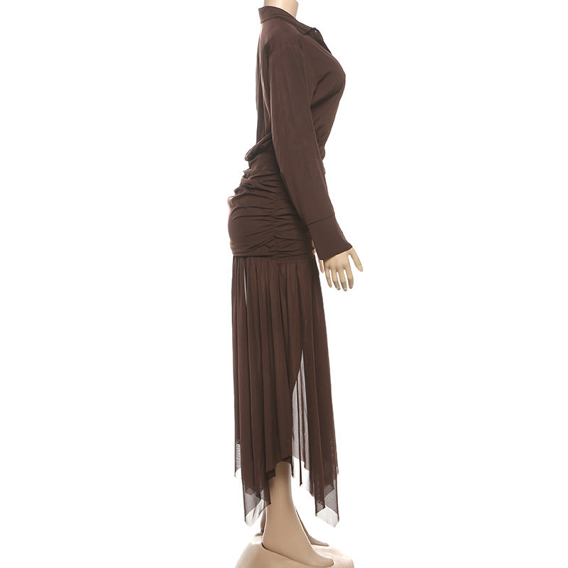 Sophisticated Brown Ruched Maxi Dress: Long Sleeve & Asymmetric Mesh Hem – Perfect for Fall & Holiday Celebrations