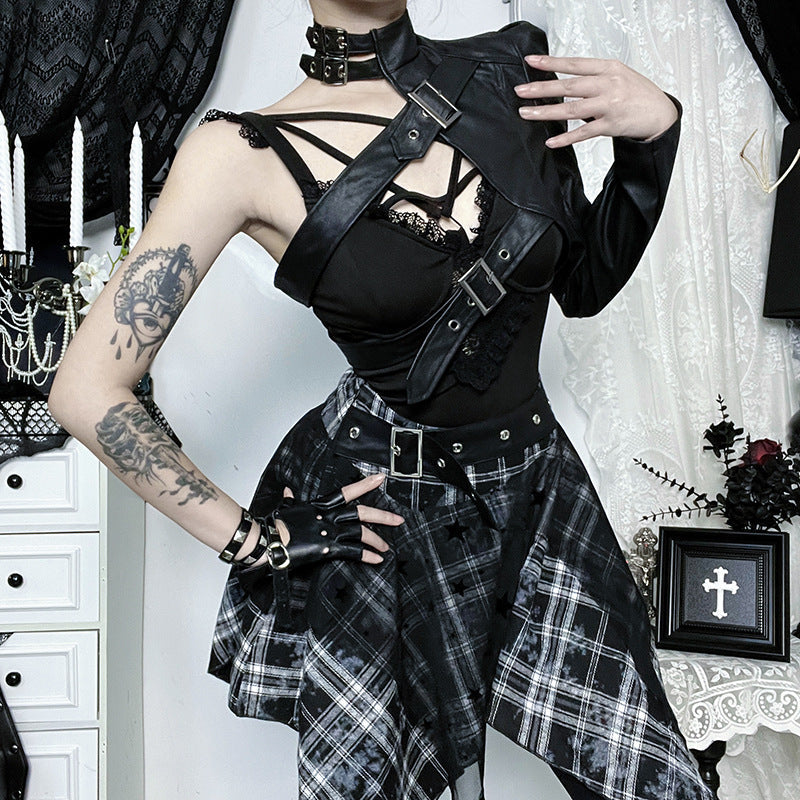 Edgy Goth Faux Leather Asymmetrical Buckle Shrug Top - Fall & Winter Statement Style
