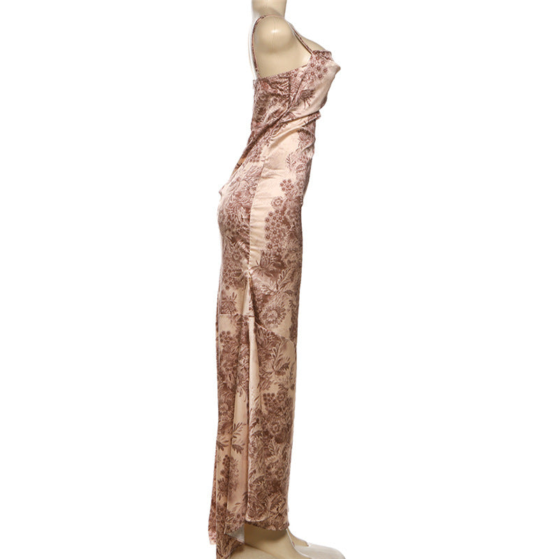 Elegant Autumn Bloom Maxi Dress | Square Neck Backless Cami Gown for Holiday & Fall Events