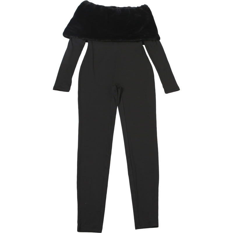 Glamorous Black Faux Fur Off-Shoulder Jumpsuit with Chic Sleeve Slits - Your Ultimate Holiday Party Look