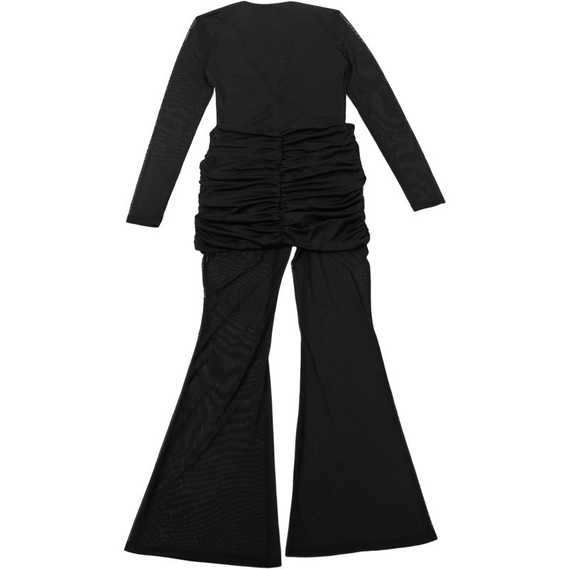 Sleek Black Mesh & Ruched Jumpsuit - Holiday Party Ready & New Year's Eve Glam