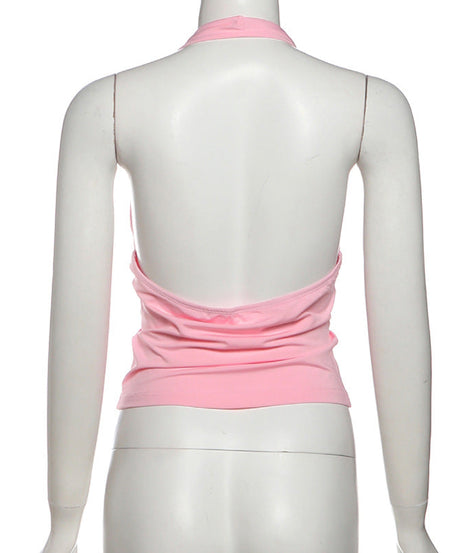 Sultry Pink O-Ring Halter Top | Deep V & Backless for Holiday Parties & NYE