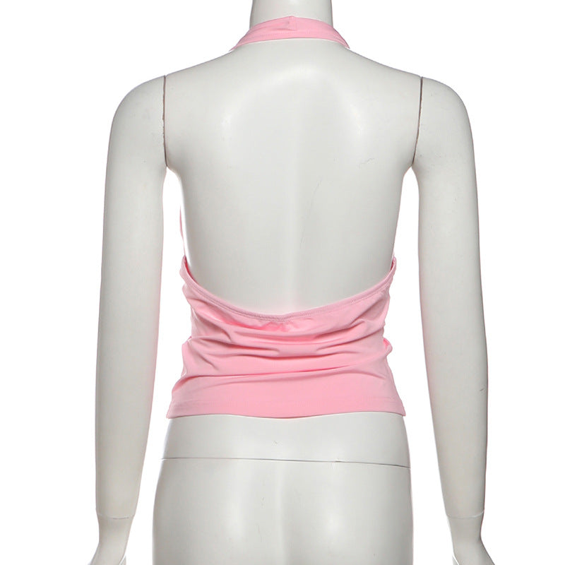 Sultry Pink O-Ring Halter Top | Deep V & Backless for Holiday Parties & NYE