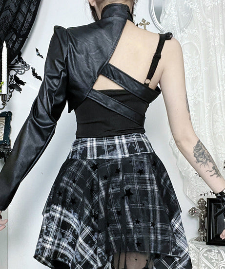 Edgy Goth Faux Leather Asymmetrical Buckle Shrug Top - Fall & Winter Statement Style