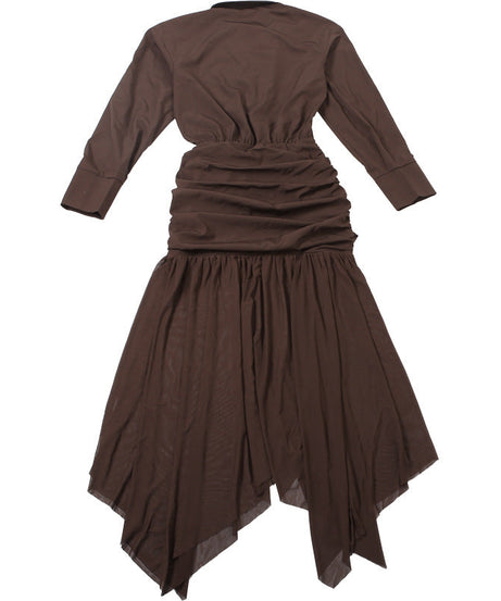 Sophisticated Brown Ruched Maxi Dress: Long Sleeve & Asymmetric Mesh Hem – Perfect for Fall & Holiday Celebrations