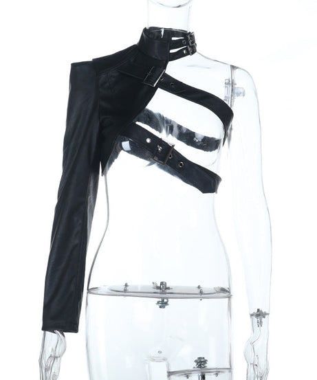 Edgy Goth Faux Leather Asymmetrical Buckle Shrug Top - Fall & Winter Statement Style