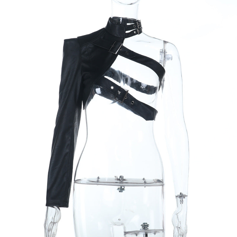 Edgy Goth Faux Leather Asymmetrical Buckle Shrug Top - Fall & Winter Statement Style