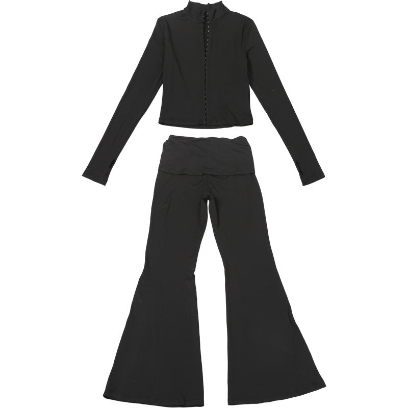 Women's Cozy Chic Black Athleisure Set: Zip-Up Mock Neck Crop Top & Flared Pants