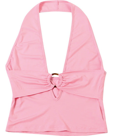 Sultry Pink O-Ring Halter Top | Deep V & Backless for Holiday Parties & NYE