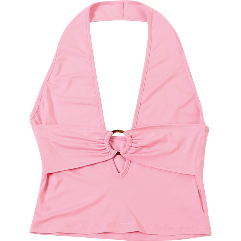 Sultry Pink O-Ring Halter Top | Deep V & Backless for Holiday Parties & NYE