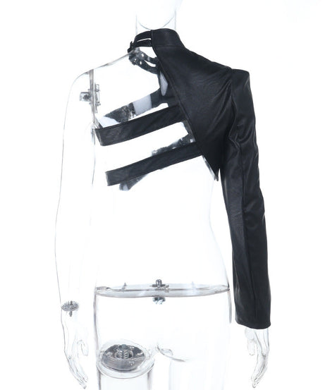 Edgy Goth Faux Leather Asymmetrical Buckle Shrug Top - Fall & Winter Statement Style