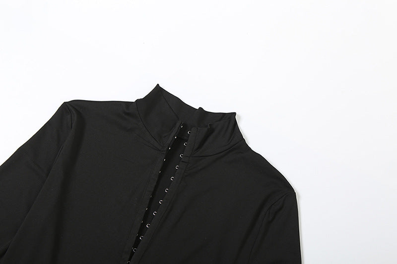 Women's Cozy Chic Black Athleisure Set: Zip-Up Mock Neck Crop Top & Flared Pants