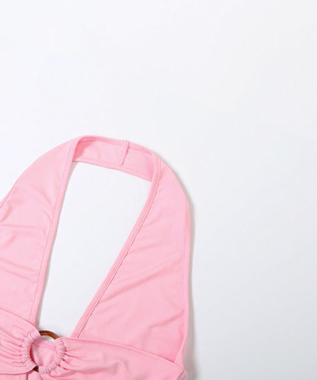 Sultry Pink O-Ring Halter Top | Deep V & Backless for Holiday Parties & NYE