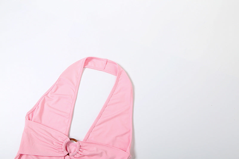 Sultry Pink O-Ring Halter Top | Deep V & Backless for Holiday Parties & NYE